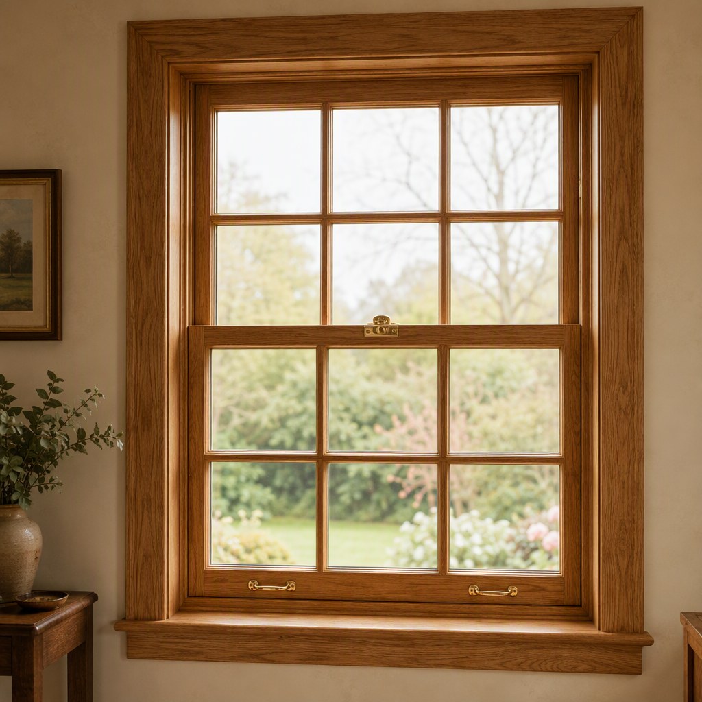 Interior view of a solid oak sash window with brass hardware